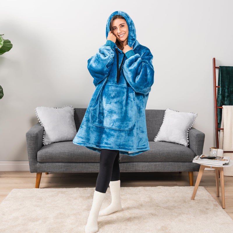 PAVILIA PAVILIA Blanket Hoodie for Women Teal  Sherpa Wearable Blanket Men  Cozy Oversized Sweatshirt Blanket  Warm Fleece Hooded Blanket Sweater with Sleeves and Giant Pocket  Teal Blue - Image 5