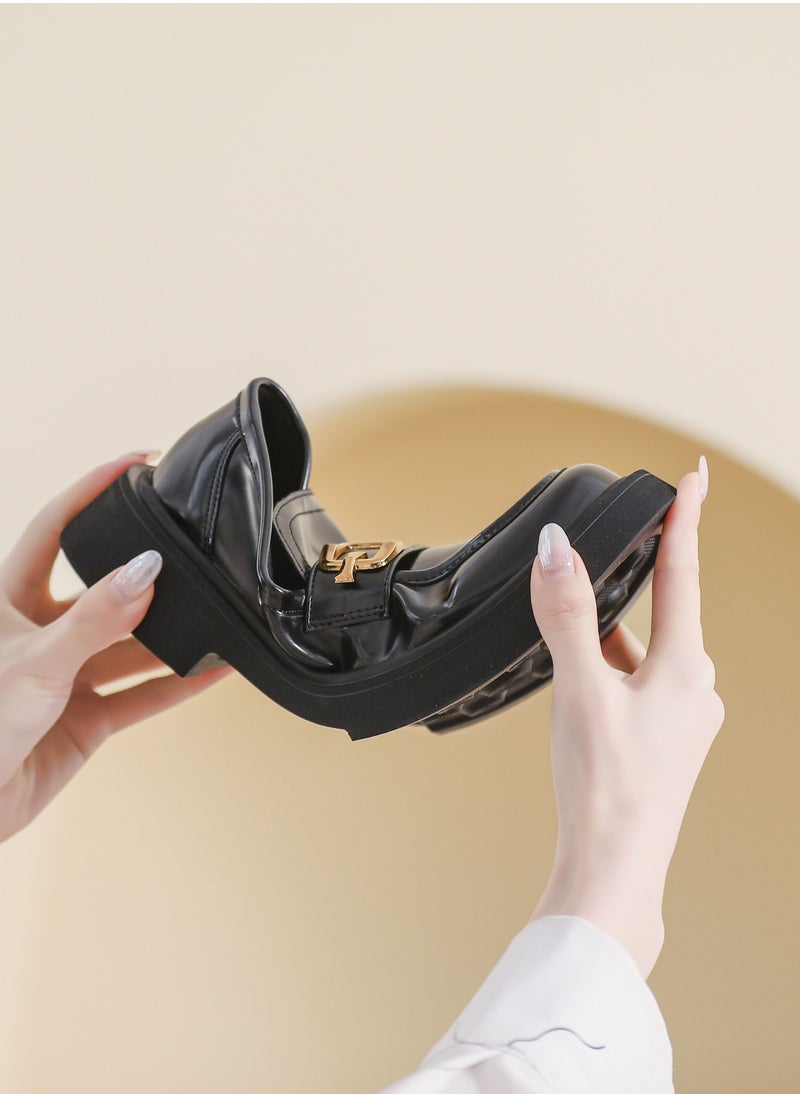 Loquat Versatile English Leather Shoes With Round Toe And Soft Sole Black  - Image 3