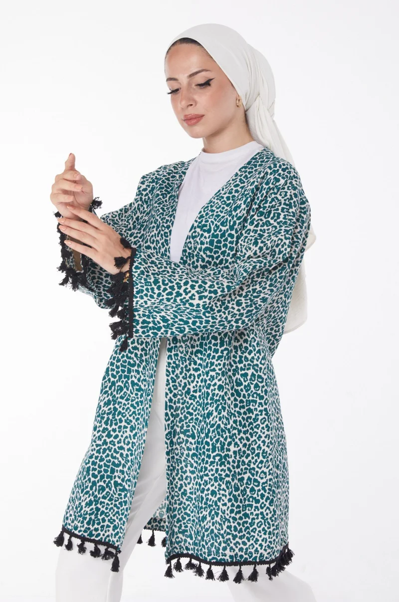 Tofisa Plain Medium Women's Green Tassel Kimono - 13213