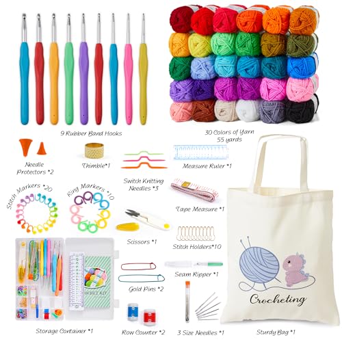 INSCRAFT Crochet Kit for Beginners Adults, 30 Acrylic Yarn Skeins 1650 Yards Yarn, 105 PCS Crochet Kit with Hooks Yarn Set,includes Canvas Tote Bag, Ideal Starter Pack for Kids Professionals - Image 2