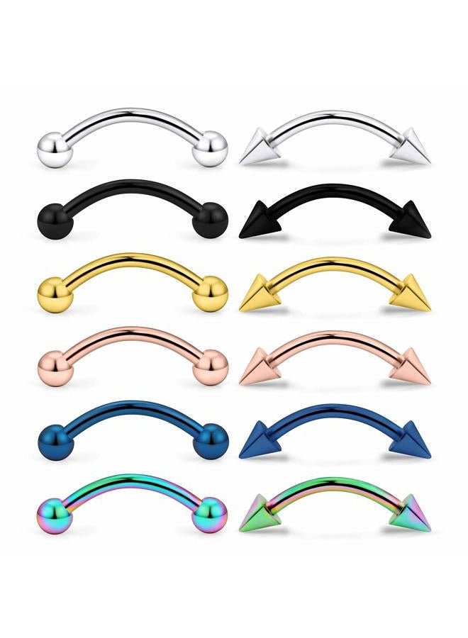 Hoeudjo Eyebrow Ring 16G Surgical Steel Curved Barbell Ball Kit Tragus Studs Daith Rook Ring Body Piercing Jewelry for Women Men 12Pcs 8mm with Ball Spike Color Silver Rose Gold Black - Image 1