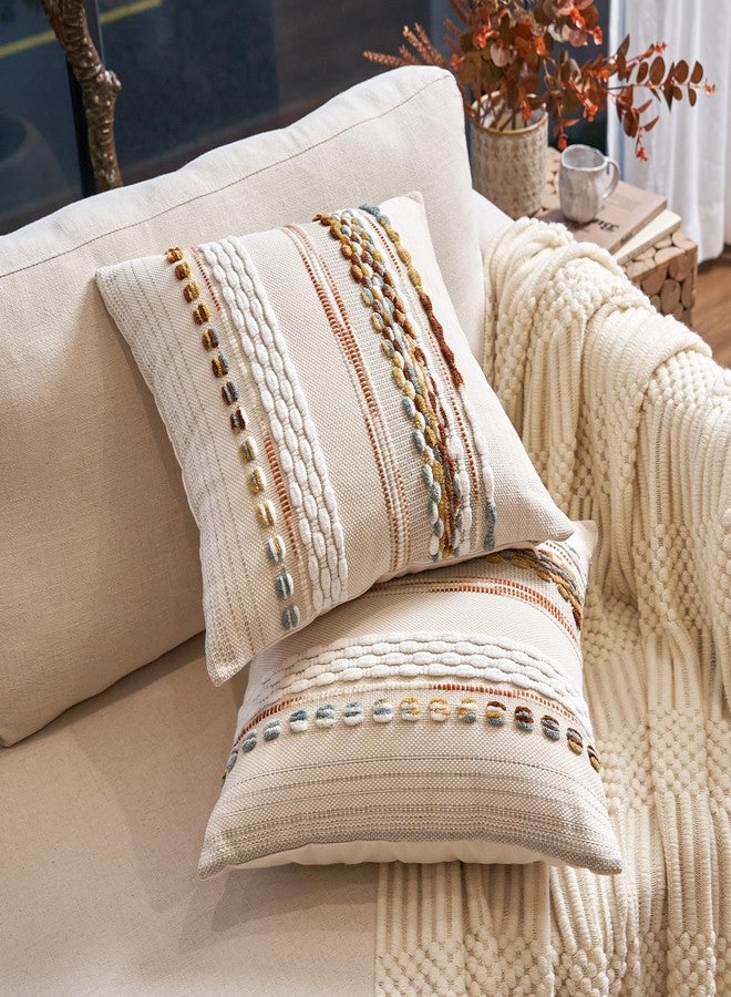 Aeckself Boho Throw Pillow Covers 18x18 Inch Set of 2, Farmhouse Decorative Striped Square Pillow Covers Chenille Tufted Pillow Cases Accent Neutral Pillowcase for Living Room Couch Bed, Orange White - Image 2