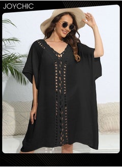 Joychic Solid Color Women Summer Middle Sleeve V-Neck Loose Hand Crochet Flower Stitching Casual Skin-friendly Breathable Beach Cover Up  - Image 1