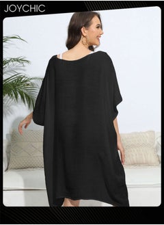 Joychic Solid Color Women Summer Middle Sleeve V-Neck Loose Hand Crochet Flower Stitching Casual Skin-friendly Breathable Beach Cover Up  - Image 3