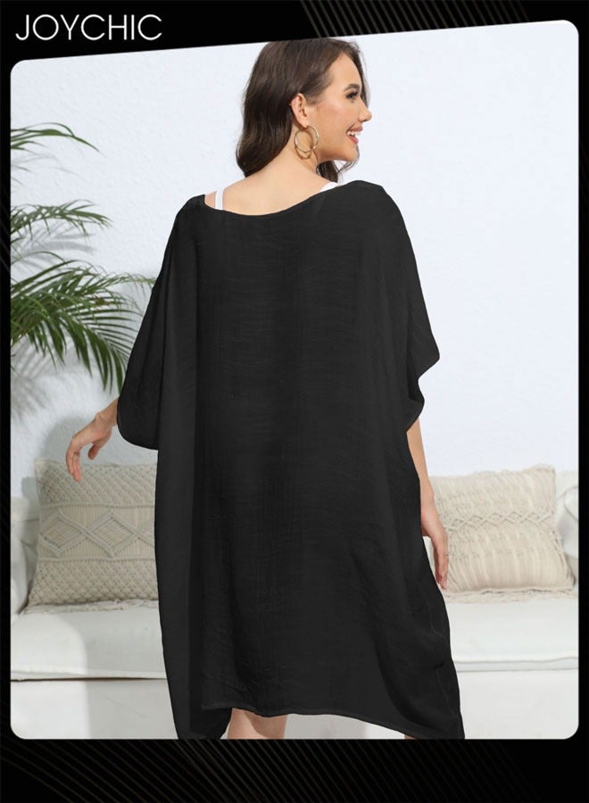 Joychic غطاء شاطئي نسائي صيفي بأكمام متوسطة بلون موحد، تصميم على شكل حرف V، فضفاض، محبوك يدويًا بتطريز زهور، مريح وصديق للبشرة، قابل للتنفس - Image 3