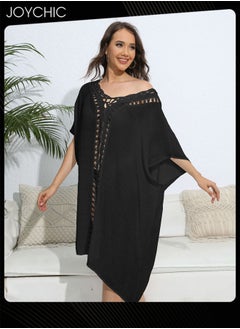 Joychic Solid Color Women Summer Middle Sleeve V-Neck Loose Hand Crochet Flower Stitching Casual Skin-friendly Breathable Beach Cover Up  - Image 2