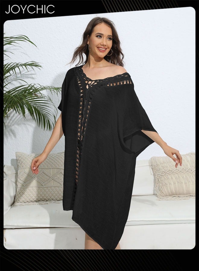 Joychic غطاء شاطئي نسائي صيفي بأكمام متوسطة بلون موحد، تصميم على شكل حرف V، فضفاض، محبوك يدويًا بتطريز زهور، مريح وصديق للبشرة، قابل للتنفس - Image 2