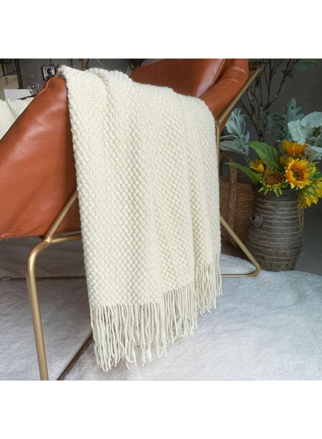 LOMAO LOMAO Knitted Throw Blanket with Tassels Bubble Textured Lightweight Throws for Couch Cover Home Decor (Cream, 60x80)  - Image 2