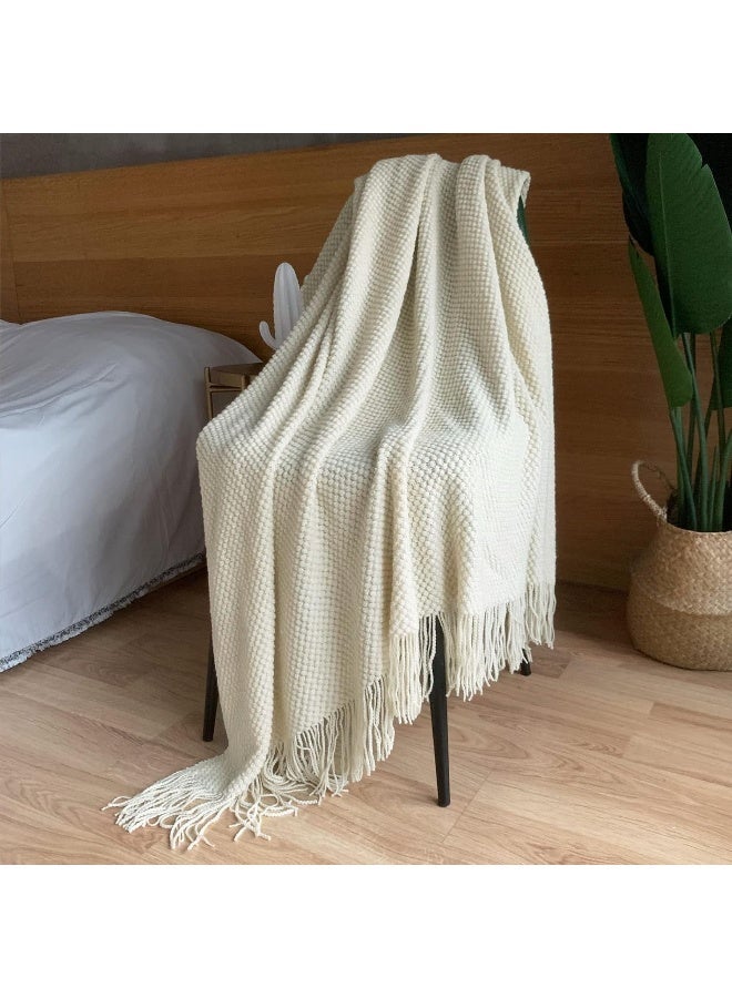 LOMAO LOMAO Knitted Throw Blanket with Tassels Bubble Textured Lightweight Throws for Couch Cover Home Decor (Cream, 60x80)  - Image 5