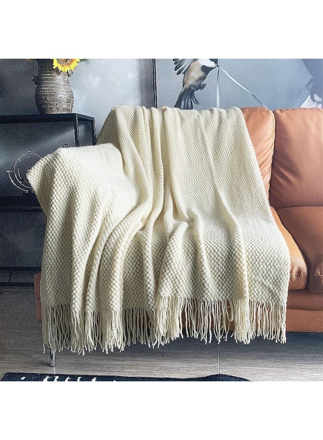 LOMAO LOMAO Knitted Throw Blanket with Tassels Bubble Textured Lightweight Throws for Couch Cover Home Decor (Cream, 60x80)  - Image 1