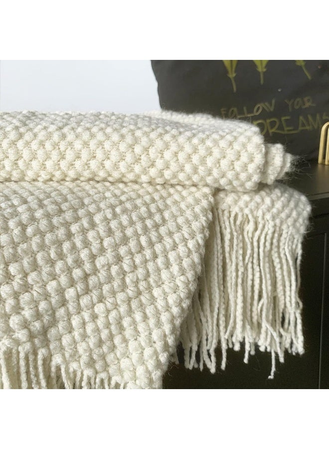 LOMAO LOMAO Knitted Throw Blanket with Tassels Bubble Textured Lightweight Throws for Couch Cover Home Decor (Cream, 60x80)  - Image 4