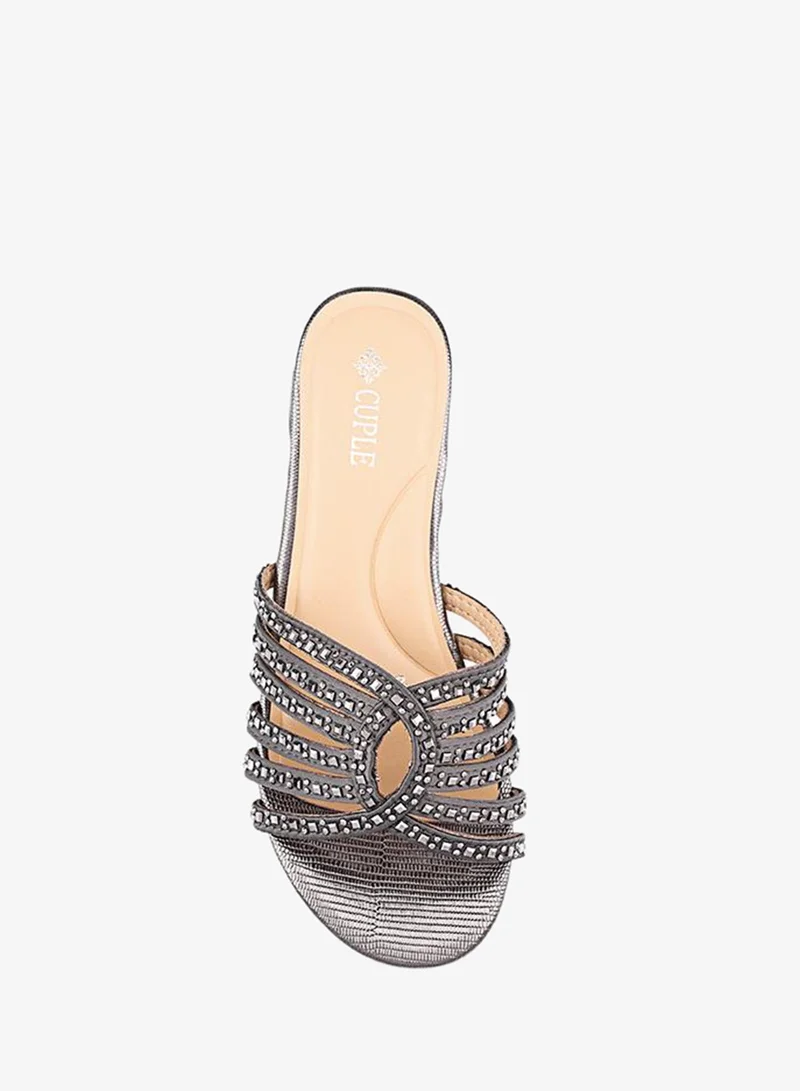 Cuple Pewter/Silver Girls Embellished Flat Slides for Women | Best Price UAE
