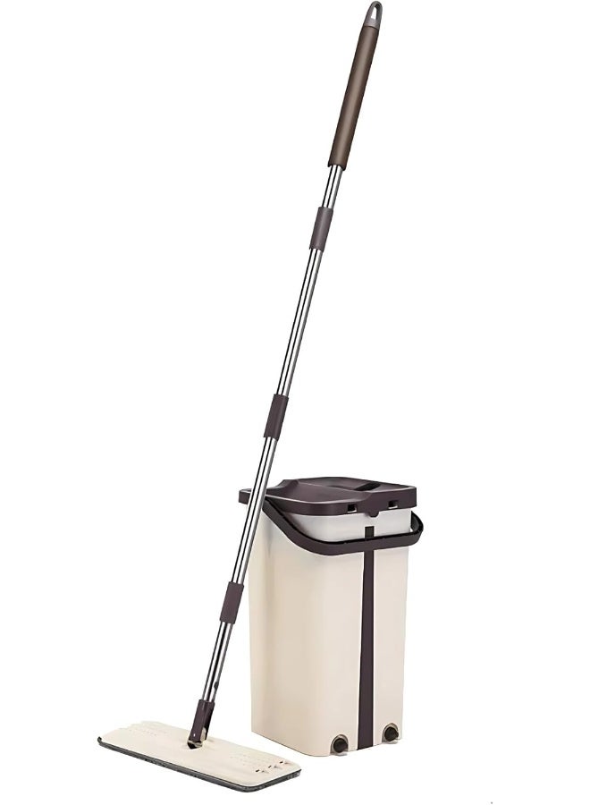 AKC ممسحة مسطحة قابلة للعصر ودلو - ممسحة ميكروفايبر ذاتية الغسل بدون استخدام اليدين للتنظيف الرطب والجاف على الأرضيات الخشبية واللامينيت (بلاستيك، 5.5 لتر) - Image 1