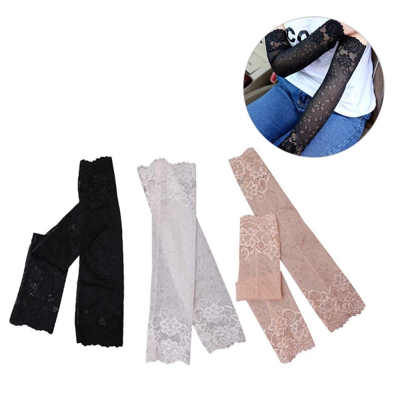 Tovip 3 Pairs 38CM Summer UV Protection Arm Sleeves Women Sexy Lace Floral Sleeve Arm Warmers Scar Cover Long Fingerless Driving Gloves - Image 3