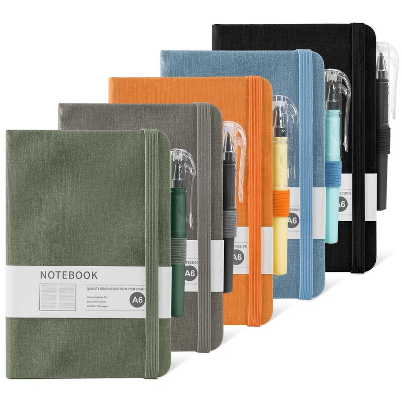 miikoul Pocket Notebook Journals, 5 Pack Fabric Texture Hardcover Lined Notebooks with Pen Portable Notepad 5.5" x 3.9", 80 GSM, 200 Pages - Image 1