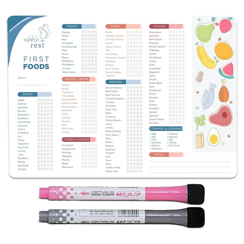 Nibble and Rest Babys First Foods Tracker Fridge Magnet Dry Erase Activity Poster Daily Food Log 101 Before One Baby Food ChartChecklist 25x35cm - Image 1