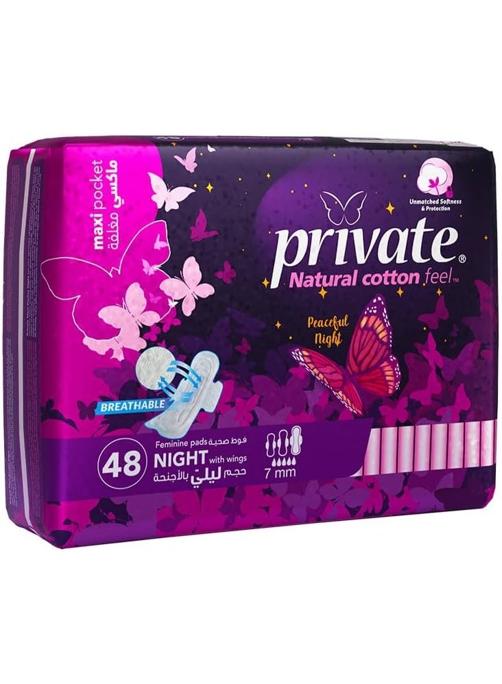 Private Feminine Pads Night With Wings, Maxi Pocket, Natural Cotton Feel, 48 Pads - Image 1
