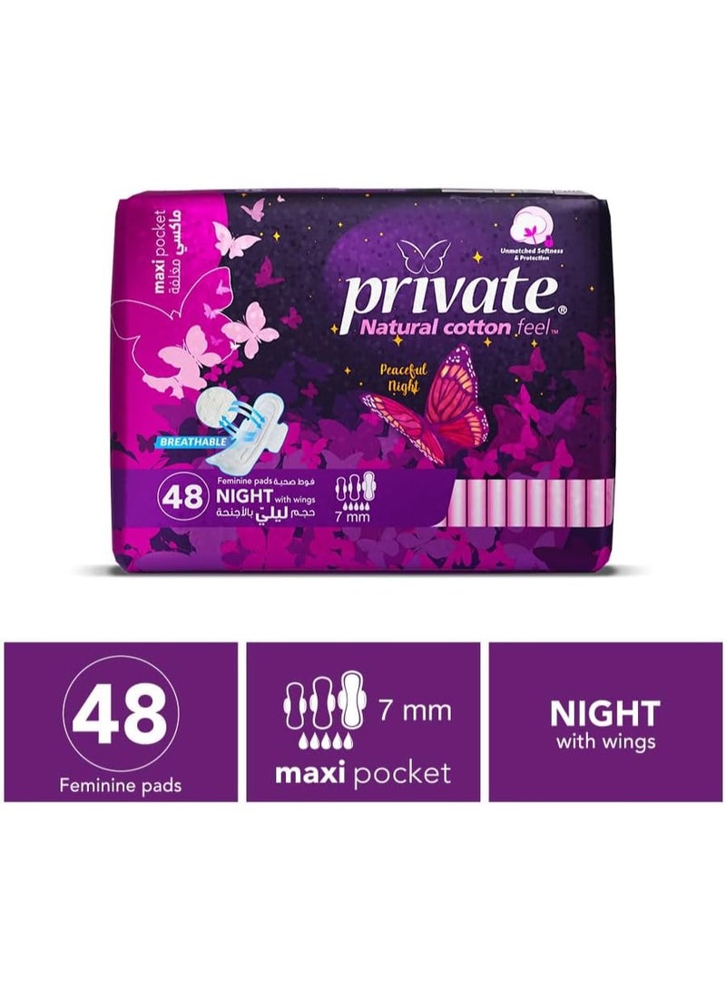 Private Feminine Pads Night With Wings, Maxi Pocket, Natural Cotton Feel, 48 Pads - Image 2