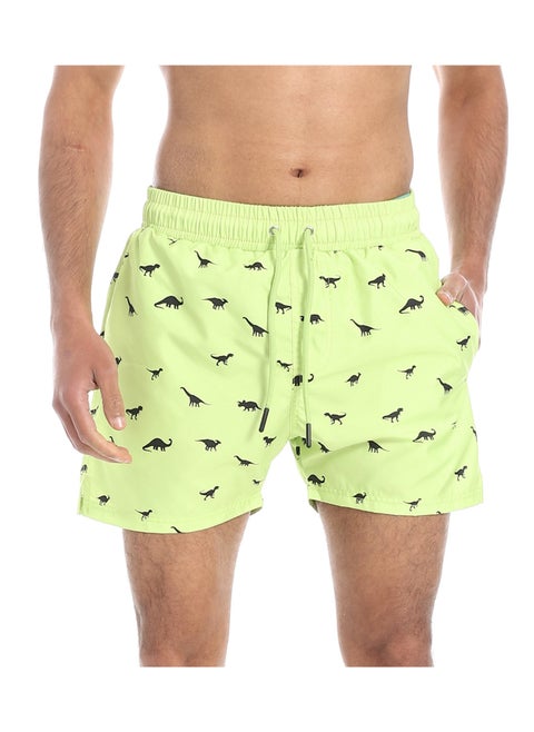 Lime Green and Black Dinosaur Pattern Swim Shorts
