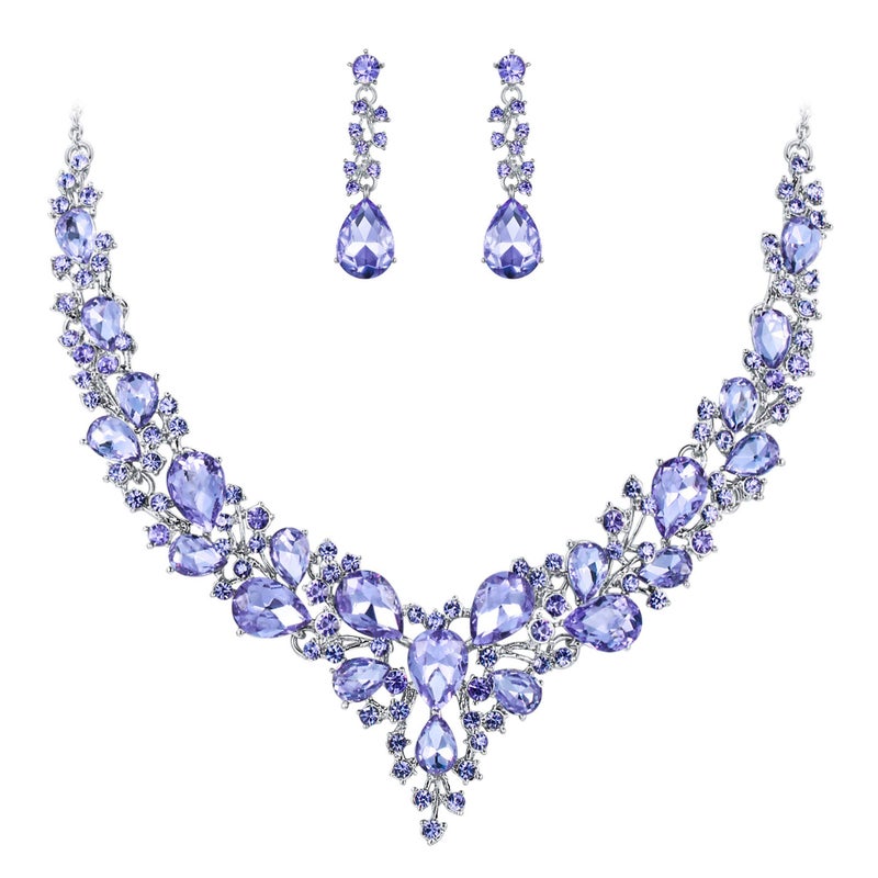 BriLove Wedding Bridal Jewelry Set for Women Austrian Crystal Teardrop Cluster Statement Necklace Dangle Earrings Light Purple Silver-Tone - Image 1