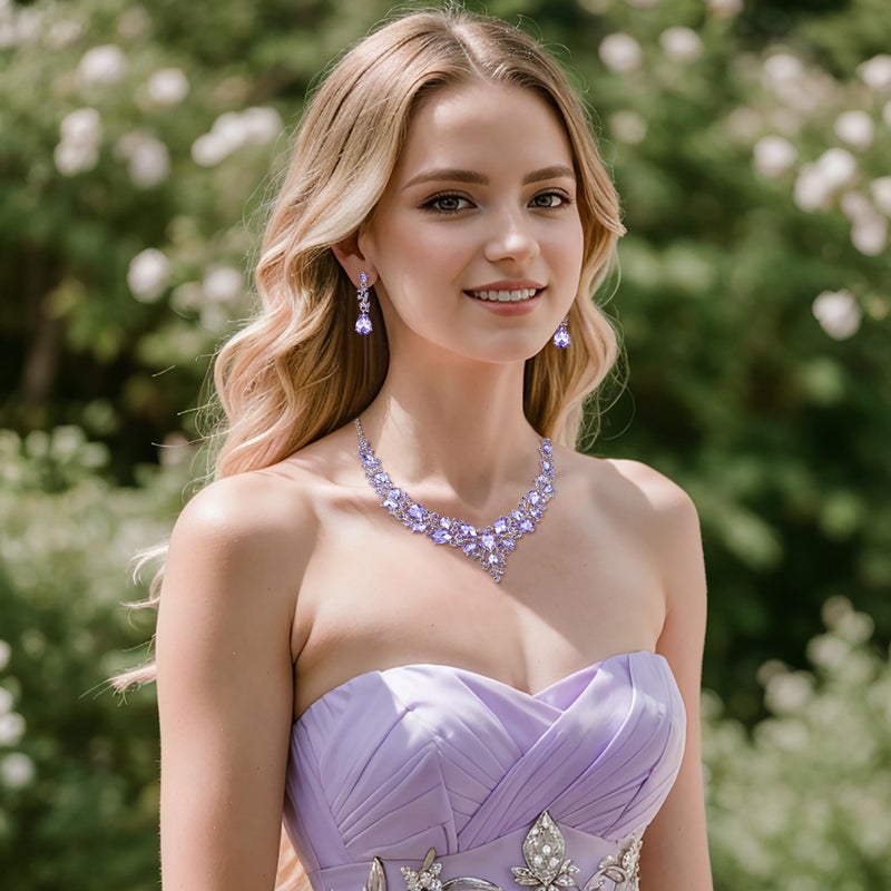 BriLove Wedding Bridal Jewelry Set for Women Austrian Crystal Teardrop Cluster Statement Necklace Dangle Earrings Light Purple Silver-Tone - Image 2