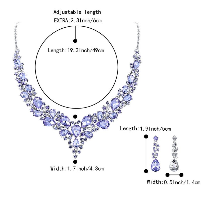 BriLove Wedding Bridal Jewelry Set for Women Austrian Crystal Teardrop Cluster Statement Necklace Dangle Earrings Light Purple Silver-Tone - Image 5