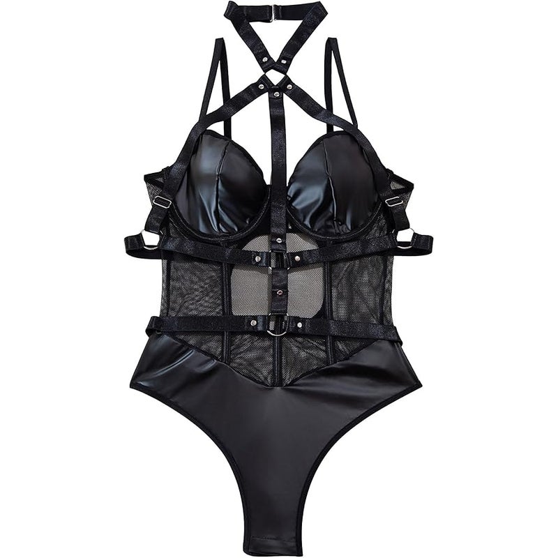 Lilosy Sexy Crisscross Choker Leather Pu Underwire Babydoll Women Harness Teddy Bodysuit Nightshirt One Piece - Image 5
