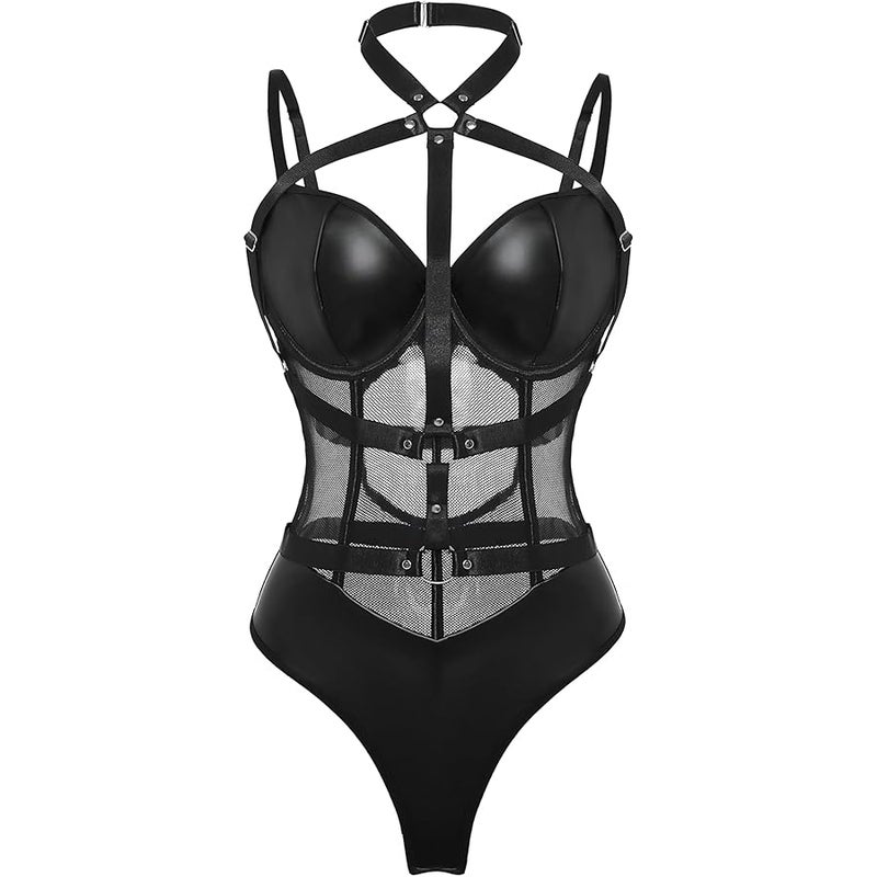 Lilosy Sexy Crisscross Choker Leather Pu Underwire Babydoll Women Harness Teddy Bodysuit Nightshirt One Piece - Image 4