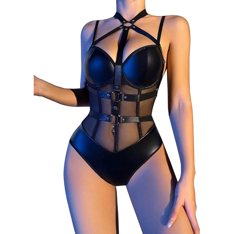 Lilosy Sexy Crisscross Choker Leather Pu Underwire Babydoll Women Harness Teddy Bodysuit Nightshirt One Piece - Image 1