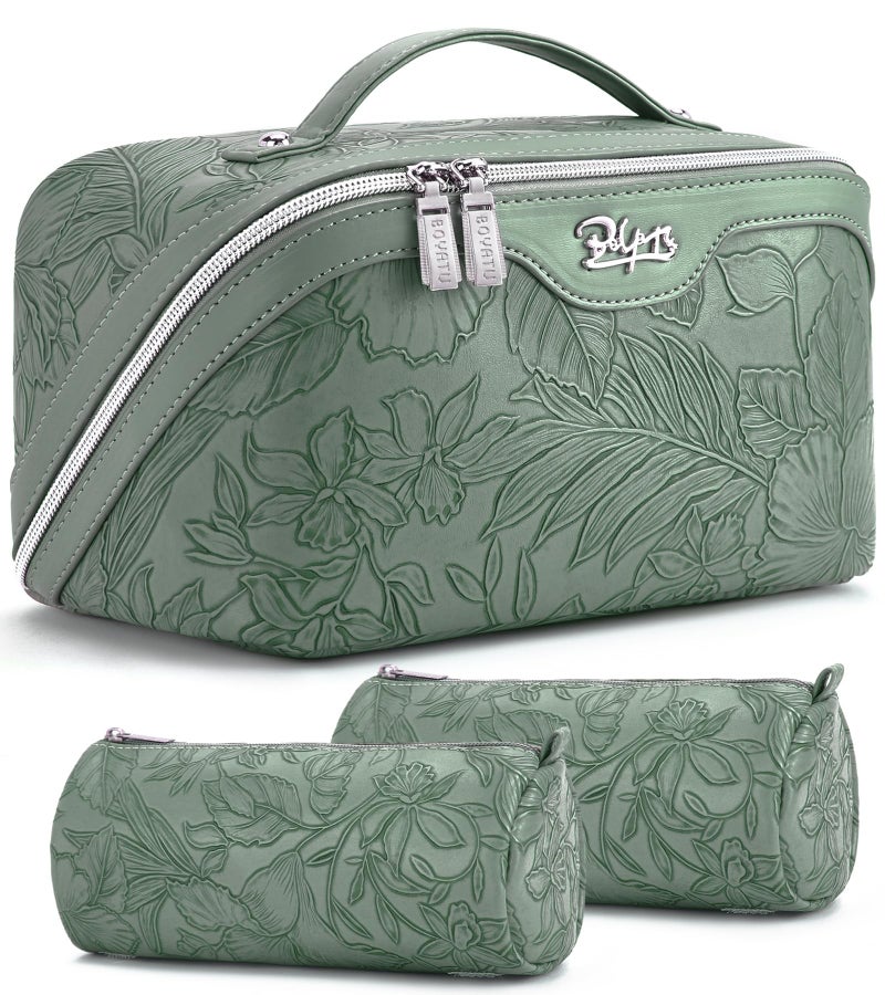BOYATU Travel Makeup Bags Cosmetic Organizer Bag: 3-Set Large Capacity Make up Bag - PU Leather Toiletry Bags for Women - Wide Open Portable Pouch with Divider & Handle (03-Green-2) - Image 1