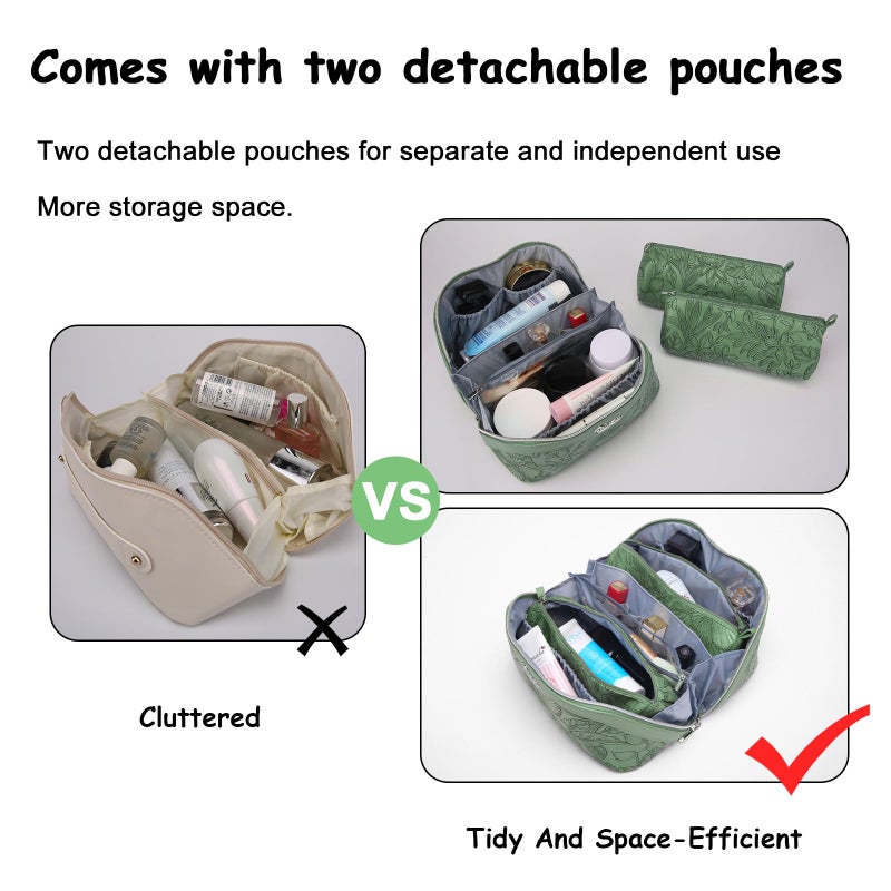 BOYATU Travel Makeup Bags Cosmetic Organizer Bag: 3-Set Large Capacity Make up Bag - PU Leather Toiletry Bags for Women - Wide Open Portable Pouch with Divider & Handle (03-Green-2) - Image 2