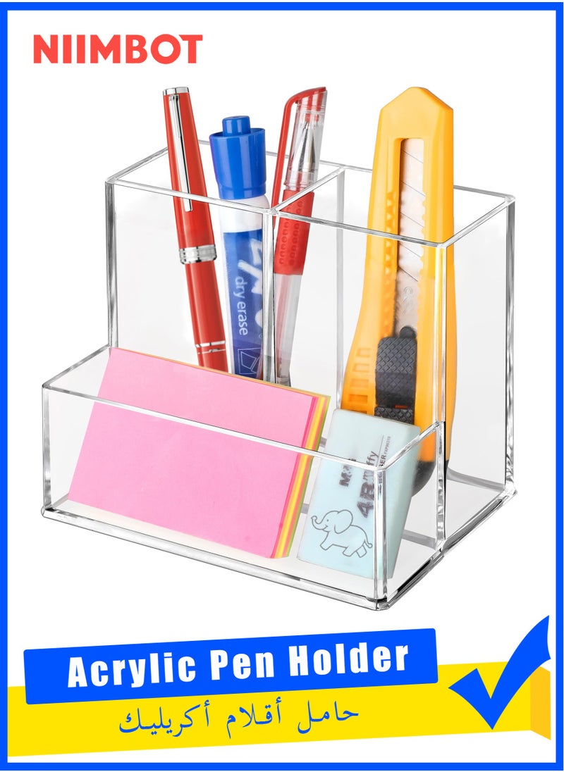 NIIMBOT Pen Holder for Desk, Clear Acrylic Pencil Holder for Desk, Marker Holder with 3 Compartments, Pencil Organizer for Home, Office, Classroom, Bathroom  - Image 1