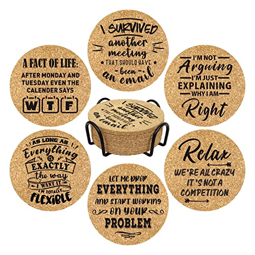 Homythe Office Gifts for Coworkers, Novelty Gifts for New Colleagues Employees Boss, Funny Office Desk Coasters, 6 Pcs Drink Coasters with Metal Holder, Birthday Housewarming Gifts for Men Women - Image 1