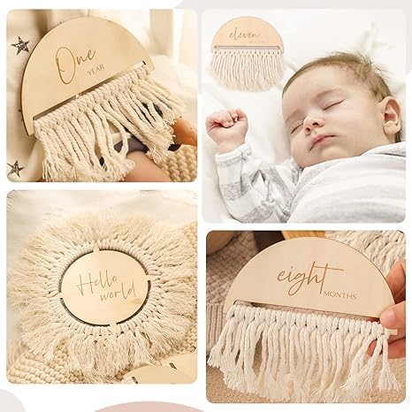 Haoser Boho Baby Monthly Milestone Cards|13Pcs Baby Photo Shoot Props Milestone Cards With Tassel From Newborn To 1 Year|Baby Gift Set|Baby Photo Props|,Beige - Image 4