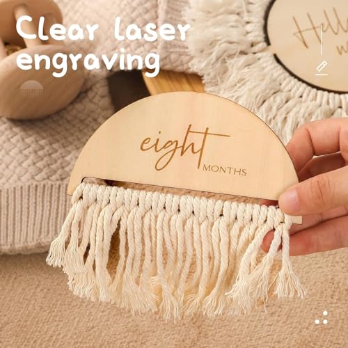 Haoser Boho Baby Monthly Milestone Cards|13Pcs Baby Photo Shoot Props Milestone Cards With Tassel From Newborn To 1 Year|Baby Gift Set|Baby Photo Props|,Beige - Image 2