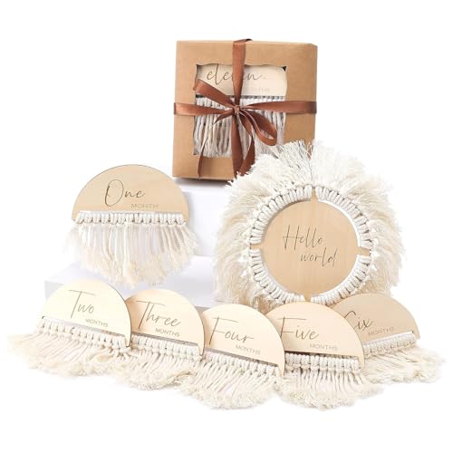 Haoser Boho Baby Monthly Milestone Cards|13Pcs Baby Photo Shoot Props Milestone Cards With Tassel From Newborn To 1 Year|Baby Gift Set|Baby Photo Props|,Beige - Image 1