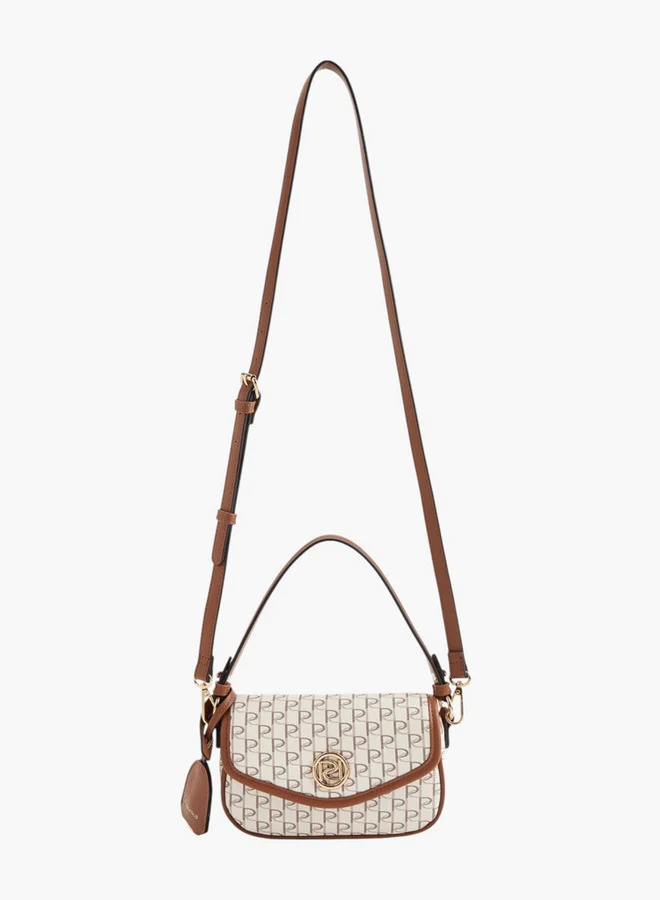 Paprika Monogram Print Crossbody Bag with Button Closure and Adjustable Strap