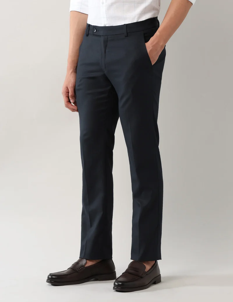 Arrow Navy Mid Rise Regular Fit Solid Trousers for Men | Best Price UAE
