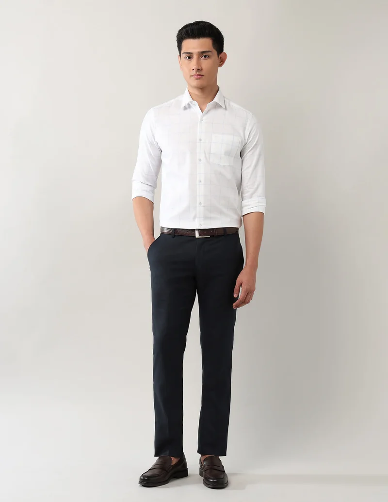 Arrow Navy Mid Rise Regular Fit Solid Trousers for Men | Best Price UAE