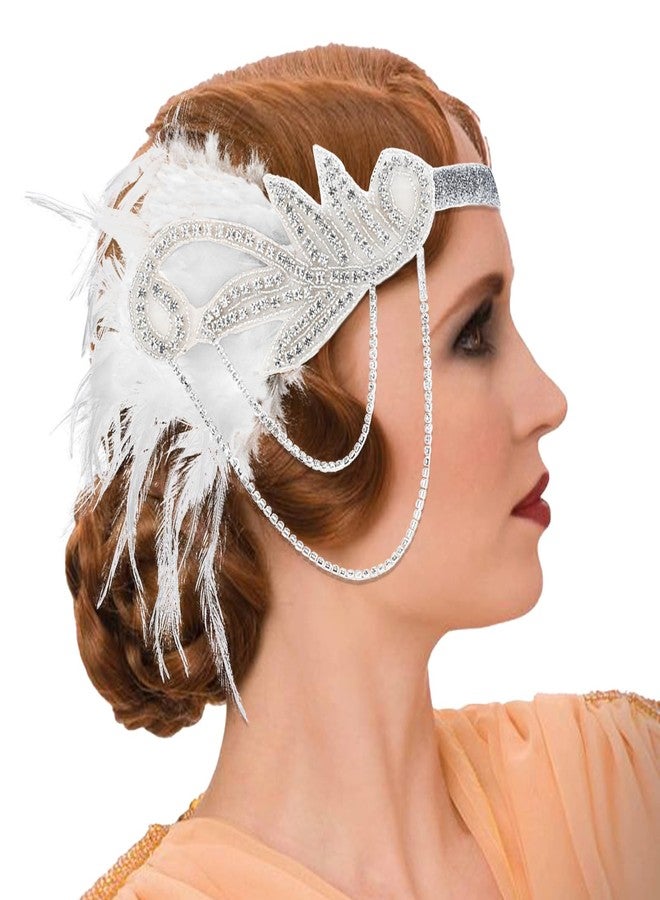 VENOFEN 1920s Flapper Headpiece White Feather Flapper Headband Great Gatsby 20s Headpiece Roaring 20s Accessories for Women and Girls - Image 1