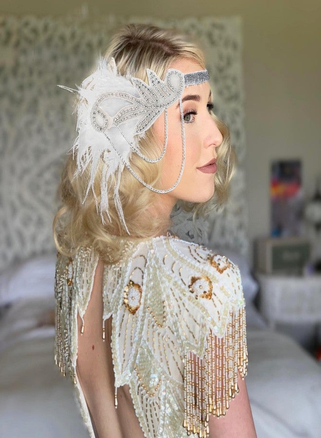 VENOFEN 1920s Flapper Headpiece White Feather Flapper Headband Great Gatsby 20s Headpiece Roaring 20s Accessories for Women and Girls - Image 4