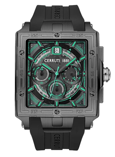 شيروتي 1881 Men's ساعة كرونوغراف Cerruti 1881 Odissea للرجال - مينا مربع أسود مدخن وسوار سيليكون أسود