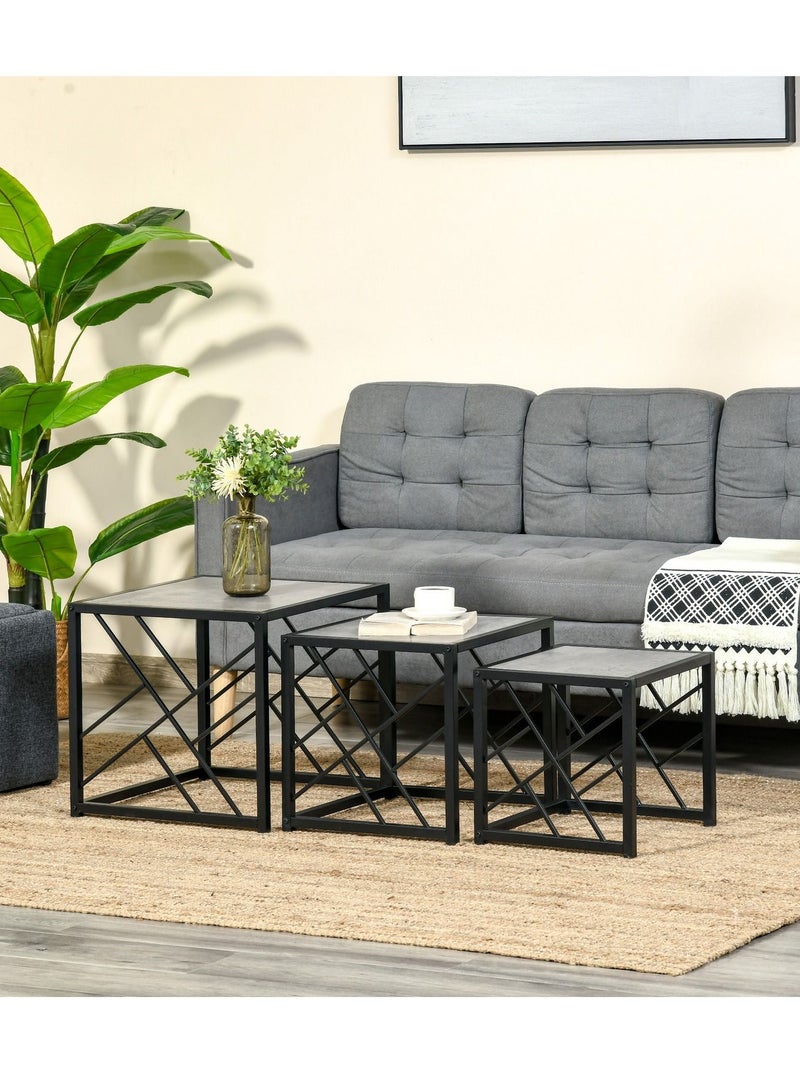 Home gallery Set of 3 Nesting Coffee Tables Square Side Tables with Metal Frame - Grey 45X48X48 - Image 1