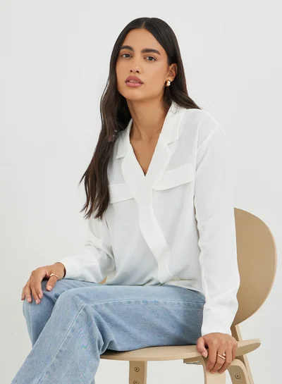 Styli Solid Oversized Wrap Look Blouse with Notch Lapel