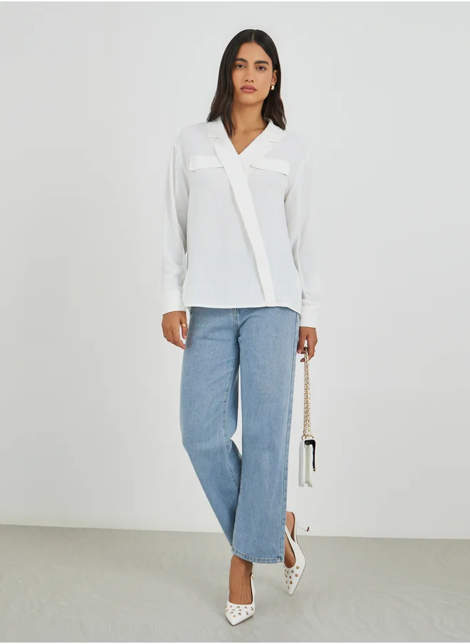 ستايلي Styli Solid Oversized Wrap Look Blouse with Notch Lapel