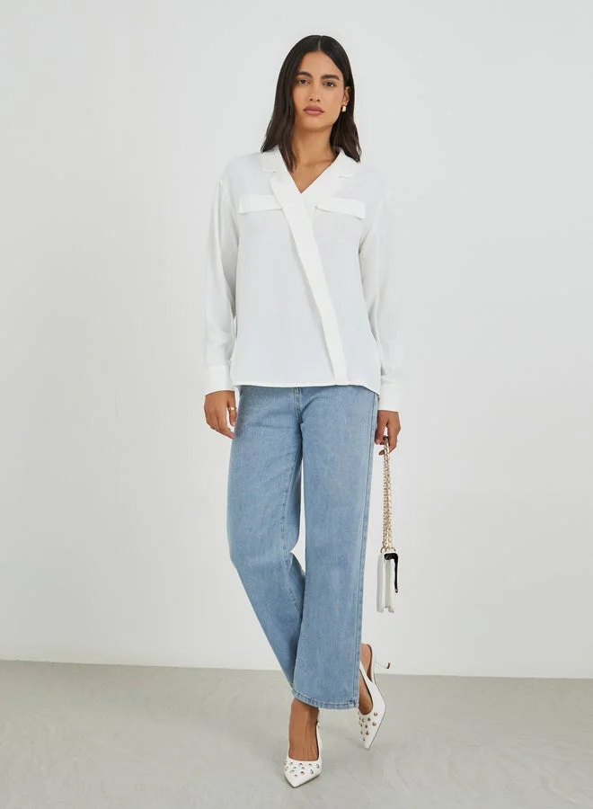 Styli Solid Oversized Wrap Look Blouse With Notch Lapel