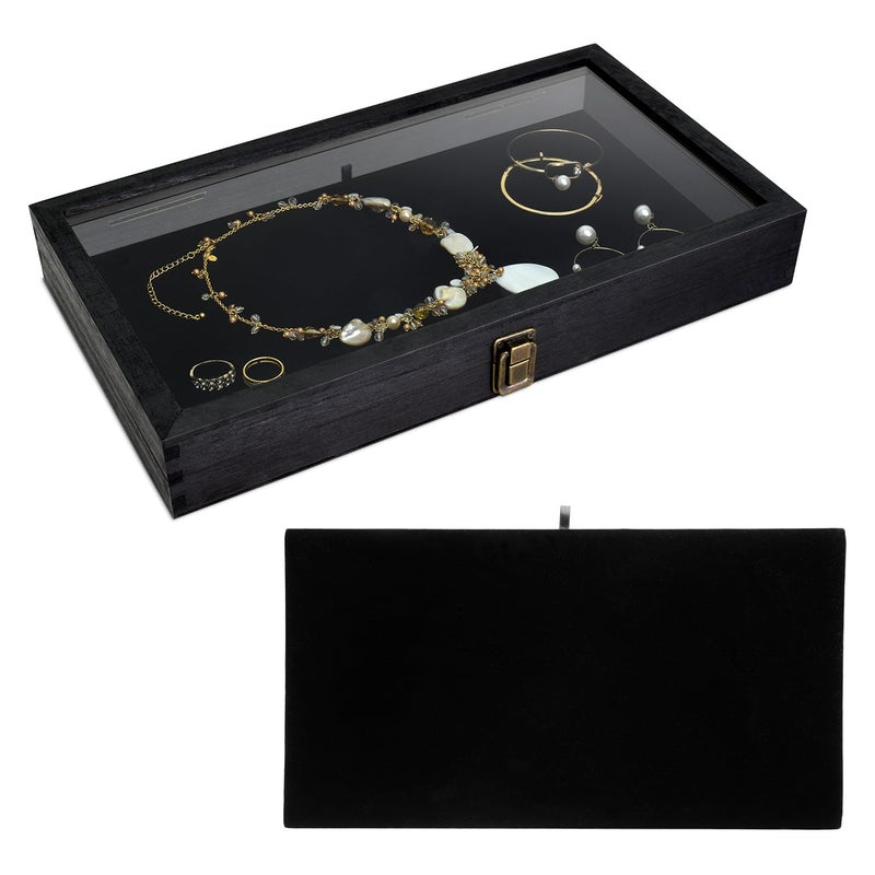 MOOCA Wooden Jewelry Display Case Pocket Knife Display Case with Tempered Glass Top Lid and Removable Black Luxurious MDF Velvet Jewelry Pad Black Color