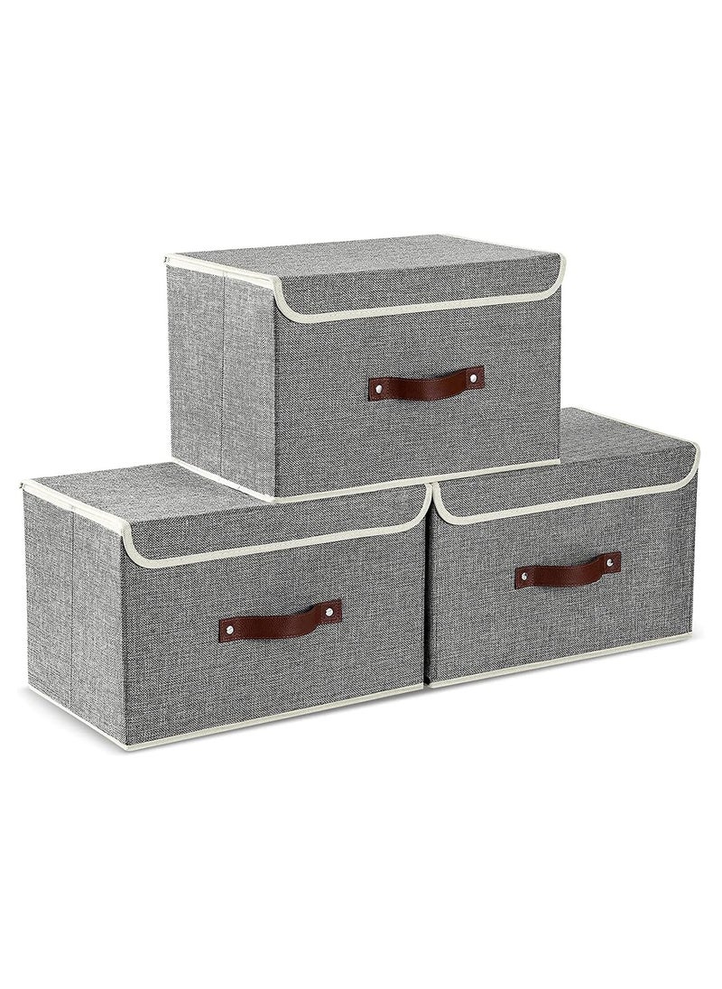 Arabest Storage Bins with Lids, Set of 3 Foldable Storage Boxes with Lids and Leather Handle, Closet Organizers for Clothes Storage, Linen Fabric Storage Baskets Washable, for Toys, Clothes and Books  - Image 1