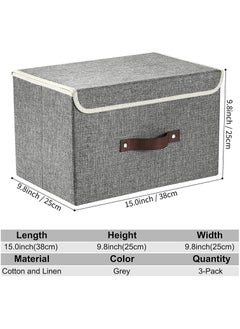 Arabest Storage Bins with Lids, Set of 3 Foldable Storage Boxes with Lids and Leather Handle, Closet Organizers for Clothes Storage, Linen Fabric Storage Baskets Washable, for Toys, Clothes and Books  - Image 2