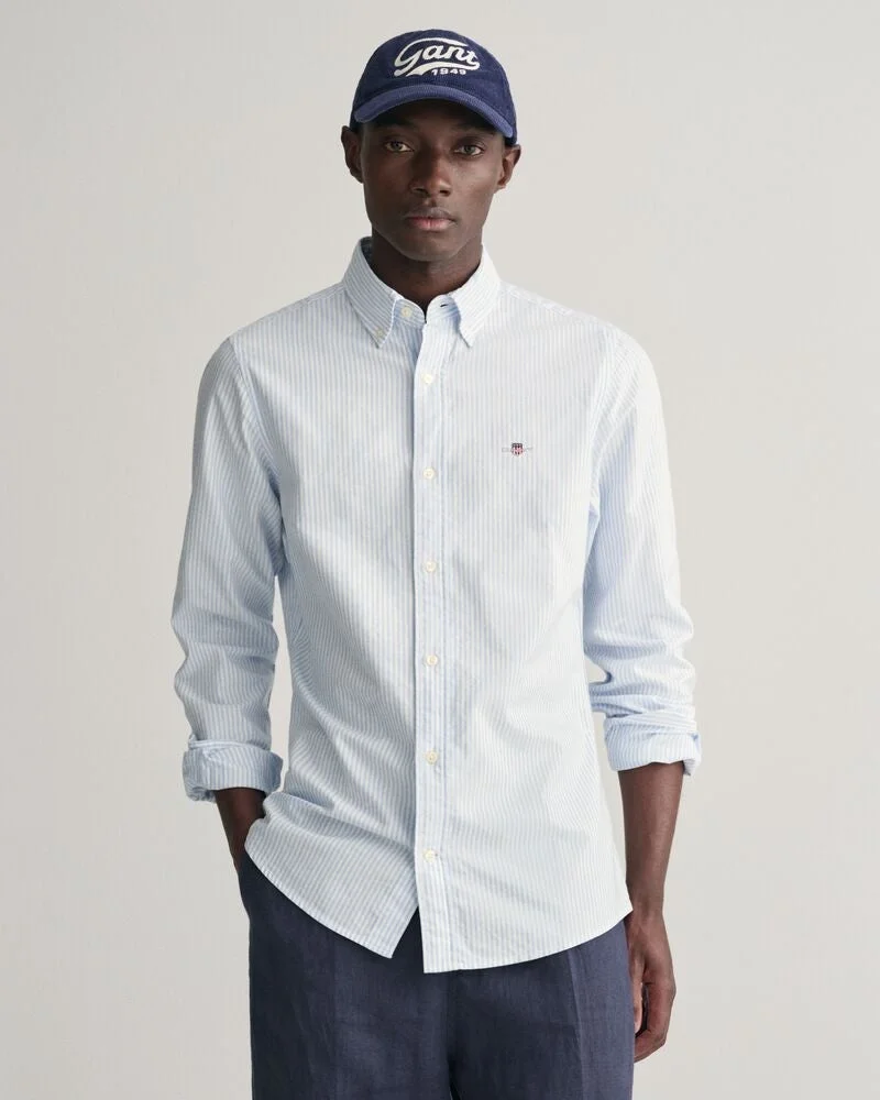 غانت قميص أكسفورد كلاسيك بأكمام قصيرة مخطط بالبنك نحيف